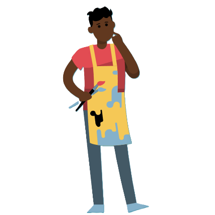 Stylised graphic of a man standing holding paintbrushes