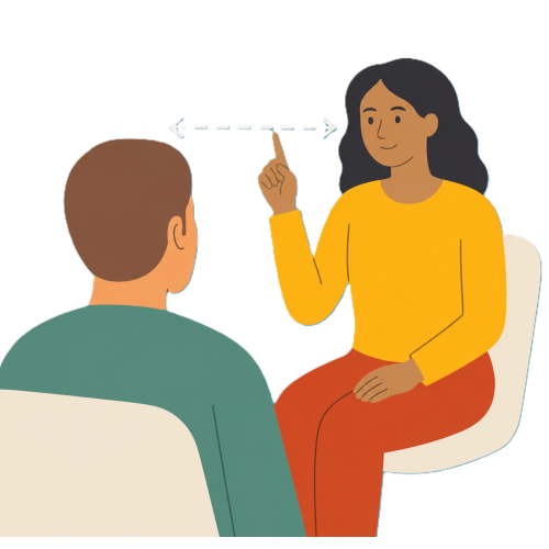 Stylised graphic of a seated man and woman facing each other. The woman is holding a hand up and arrows suggest side to side movement.
