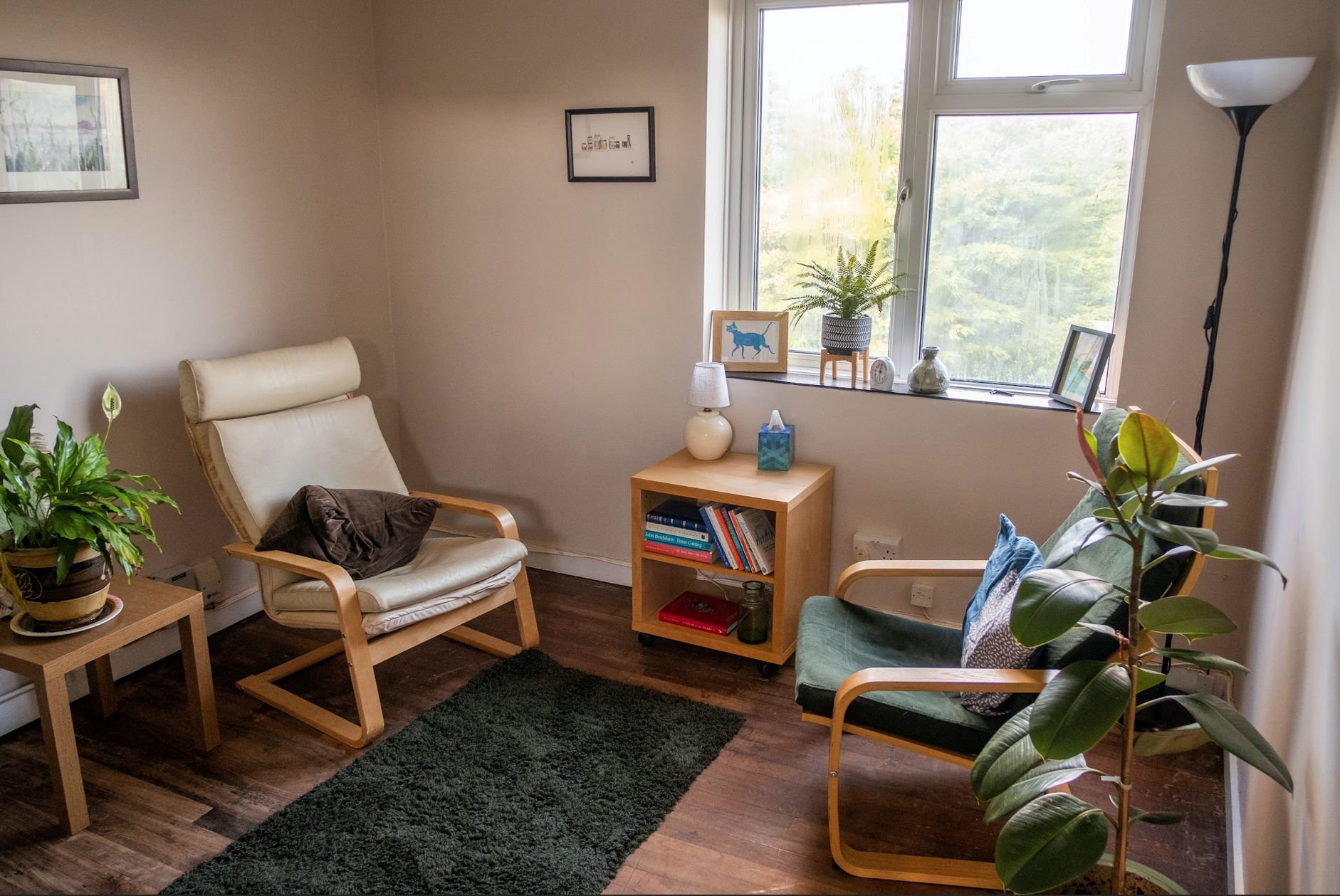 A room with two armchairs, rug and houseplants