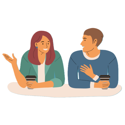 Stylised graphic of two people talking